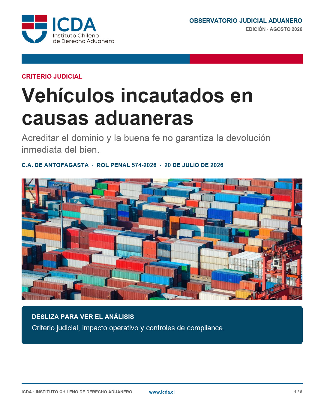 Portada ICDA sobre vehículos incautados en causas aduaneras